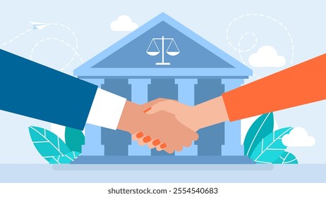 Legal services and services of a lawyer for business. Contracts, transactions, law and court. Client shakes hands with lawyer. Advocate consultation. Pre trial agreement handshake. Vector illustration