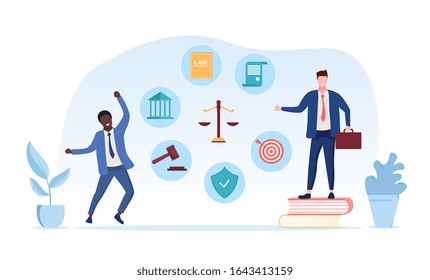 Legal services of a lawyer concept with two lawyers one standing on his law books, second celebrating victory in court and icons around scales of Justice, vector illustration