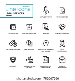 Legal services - line design icons set. Tax, customs consulting, notarial, auditing, contract formation, valuation activities, debt recovery, intellectual property law, psychologist, advocacy, etc