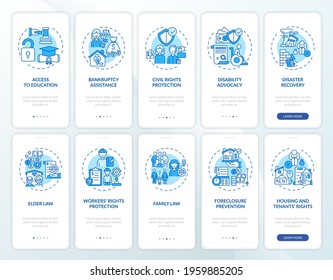 Legal services onboarding mobile app page screen with concepts. Access to education system walkthrough 10 steps graphic instructions. UI, UX, GUI vector template with linear color illustrations
