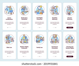 Juristische Dienste auf dem mobilen App-Bildschirm mit Konzepten. Zugang zu Bildung exemplarisch 10 Stufen grafische Anweisungen. UI, UX, GUI-Vektorvorlage mit linearen Farbillustrationen