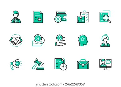 Legal services - set of line design style icons isolated on white background. Tax and customs consulting, auditing, debt recovery, advocacy, representation in court, business registration images