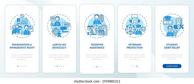 Legal services types onboarding mobile app page screen with concepts. Taxpayer assistance walkthrough 5 steps graphic instructions. UI, UX, GUI vector template with linear color illustrations