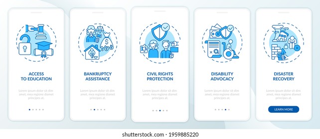 Legal services types onboarding mobile app page screen with concepts. Bankruptcy assistance walkthrough 5 steps graphic instructions. UI, UX, GUI vector template with linear color illustrations