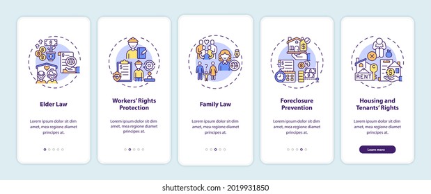 Legal services types onboarding mobile app page screen with concepts. Elder law walkthrough 5 steps graphic instructions. UI, UX, GUI vector template with linear color illustrations