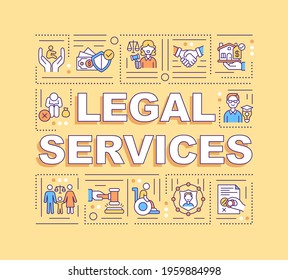 Legal services word concepts banner. Legislation and court judgement. Infographics with linear icons on orange background. Isolated typography. Vector outline RGB color illustration