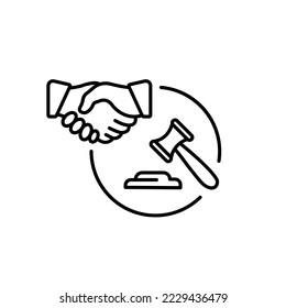 legal settlement icon, law agreement, litigation judgment concept, handshake with judge hammer, thin line symbol on white background - editable stroke vector illustration