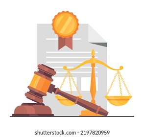 Legal statement concept. Judges gavel next to document with seal and scales. Legislation and jurisprudence. Legal protection of transactions, deals and agreements. Cartoon flat vector illustration