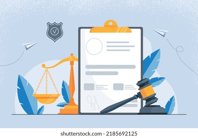 Legal statement concept. Large judicial gavel next to document or contract. Court approved deal. Safety and protection of rights, jurisprudence and law metaphor. Cartoon flat vector illustration