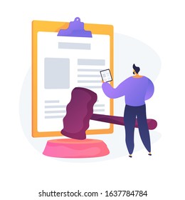 Legal statement. Court notice, judge decision, judicial system. Lawyer, attorney studying papers cartoon character. Mortgage debt, legislation. Vector isolated concept metaphor illustration