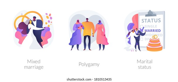 Legal Status Abstract Concept Vector Illustration Set. Mixed Marriage, Polygamy, Marital Status, Multiracial Family, Persons Relationship, Different Races And Religions, Wedding Abstract Metaphor.