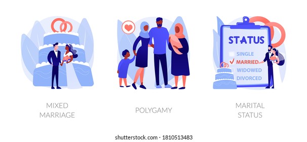 Legal status abstract concept vector illustration set. Mixed marriage, polygamy, marital status, multiracial family, persons relationship, different races and religions, wedding abstract metaphor.