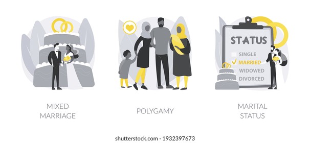 Legal Status Abstract Concept Vector Illustration Set. Mixed Marriage, Polygamy, Marital Status, Multiracial Family, Persons Relationship, Different Races And Religions, Wedding Abstract Metaphor.