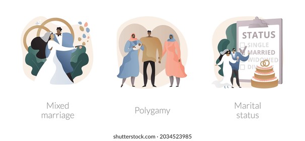 Legal status abstract concept vector illustration set. Mixed marriage, polygamy, marital status, multiracial family, persons relationship, different races and religions, wedding abstract metaphor.