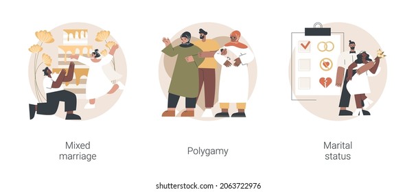 Legal Status Abstract Concept Vector Illustration Set. Mixed Marriage, Polygamy, Marital Status, Multiracial Family, Persons Relationship, Different Races And Religions, Wedding Abstract Metaphor.