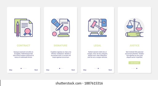 Legal Support Of Business Contract Vector Illustration. UX, UI Onboarding Mobile App Page Screen Judicial Set With Line Law Justice Scale And Hammer, Business Legislation, Legal Rights Symbols