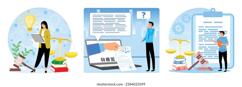 Legal support of deals and agreements with woman at background of scales and judge gavel. Justice and law application. Law and justice scene with lawyer consultant client.  