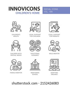 Legal Support For Parents And Children - Line Design Style Icons Set With Editable Stroke. Children Health, Special Needs, Vocational Guidance, Mentor, Adopting Sibling. Regulation Of Family Relations
