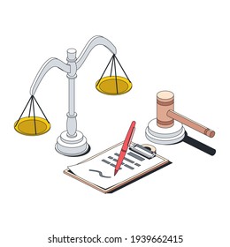 Apoyo legal, escalas, martillo del juez, ilustración de apoplejía. Vector 3d línea isométrica, iconos de color web, nuevo estilo plano. Idea de diseño creativo para infografías.