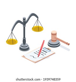 Legal support, scales, judge's hammer, stroke illustration. Vector 3d line isometric, color web icons, new flat style. Creative design idea for infographics.