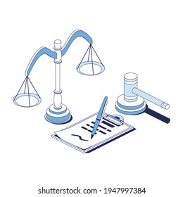 Legal Support, Scales, Judge's Hammer, Stroke Illustration. Vector 3d Line Isometric, Web Icons, Blue Color. Creative Design Idea For Infographics.