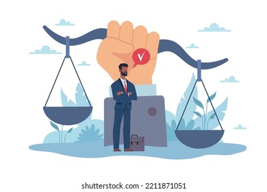 Legal support, social justice, equal rights. Tiny businessman or professional lawyer consultant and huge law scales, human protection. Jurist character. Vector cartoon flat concept