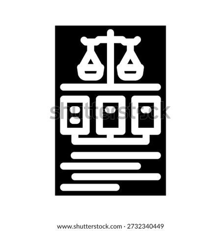 Legal system icon illustrating the process of balancing justice, law, and evidence on a document, symbolizing decision making and ethical judgment in court