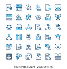 Legal system icons. Outline symbols. Vector blue line icons set