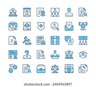 Legal system icons set. Vector line icons. Blue color outline stroke symbols. Modern concepts