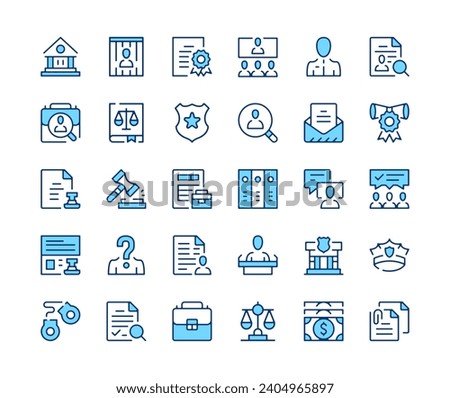 Legal system icons set. Vector line icons. Blue color outline stroke symbols. Modern concepts