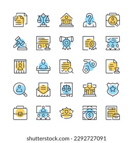 Legal system line icons. Set of law icons. Black, blue and yellow colors. Modern outline graphic design. Vector line icons set