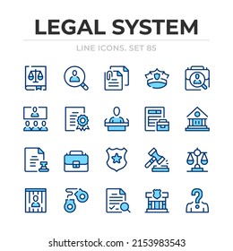 Conjunto de iconos de línea vectorial del sistema legal. Diseño delgado de línea. Elementos gráficos de contorno, símbolos de trazo simples. Iconos del sistema legal