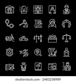 Legal system, white line icons. Court, adjudication, and law enforcement symbols. Ideal for legal and civic themes. Symbols on black background. Editable stroke.