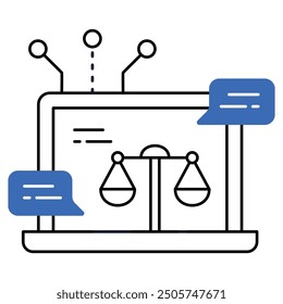 Legal tech icon with a laptop and scales of justice, depicting law technology, digital justice systems, and online legal services.