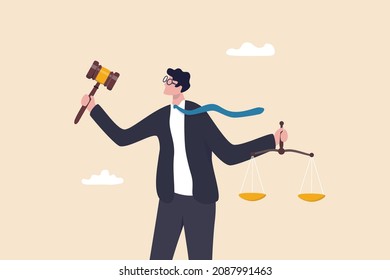 Legal Verdict, Judgement Or Law And Justice, Lawyer, Attorney Or Ethics, Lawsuit And Jury Concept, Businessman Attorney Or Lawyer Holding Gavel And Equality Scale On Other Hand.