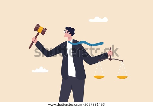 Legal verdict,\
judgement or law and justice, lawyer, attorney or ethics, lawsuit\
and jury concept, businessman attorney or lawyer holding gavel and\
equality scale on other\
hand.