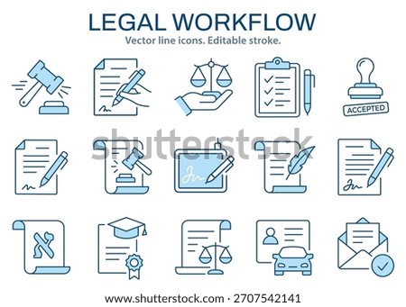 Legal workflow icons, such as document, contract, verification, signature, protection, and certification and more. Vector illustration isolated on white. Editable stroke.