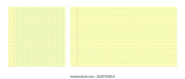 Legal yellow paper set with square grid and ruled line designs, ideal for notes, school, or office use. Clean and simple layout for digital or print projects. Vector illustration