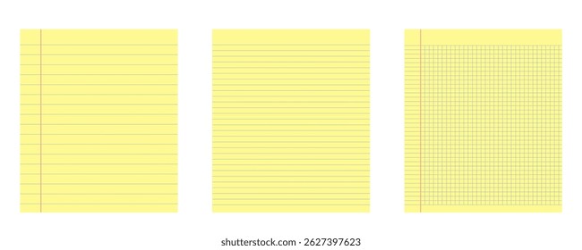 Legal yellow paper set with three sheet of notepad with ruled line designs, ideal for notes, school, or office use. Clean and simple layout for digital or print projects. Vector illustration