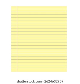 Legal yellow paper sheet of notepad with horizontal ruled line designs, ideal for notes, school, or office use. Clean and simple layout for digital or print projects. Simple vector illustration