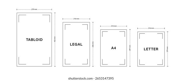 Legal Yellow Paper size. International formats Tabloid, letter, A4, legal. Paper sheets comparison chart. Vector illustration in flat style.