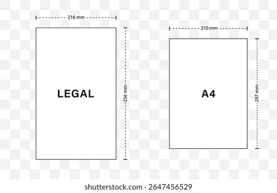 Legal Yellow Paper size. Notebook sheet formats. Comparison of legal and A4 papers isolated on white background. Vector illustration in flat style.