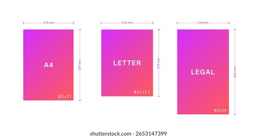 Legal Yellow Paper size. Notebook sheet formats. Legal, letter, A4. Comparison of papers isolated on white background. Vector illustration in flat style.