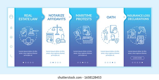 Legalization services onboarding vector template. Legal consultation. Law firm help. Responsive mobile website with icons. Webpage walkthrough step screens. RGB color concept