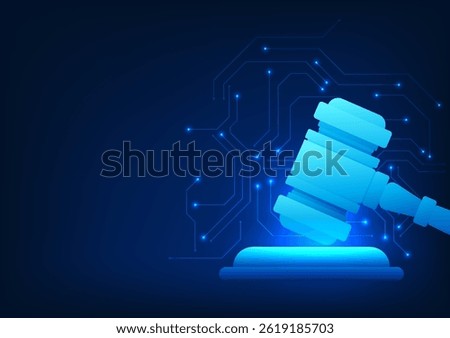LegalTech, a legal hammer with a technology circuit line, represents the change in law that brings technology to enhance the justice process and the transparency of the legal system.