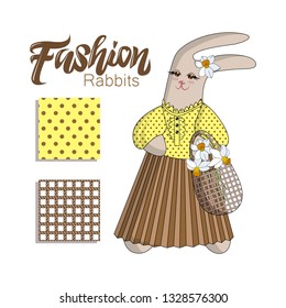 legant Fashion bunny rabit in pleated skirt on a white background. Bright cute character for greeting cards, prints, posters. Hand letterin "Fashion". Set of seamless patterns. Vector graphics