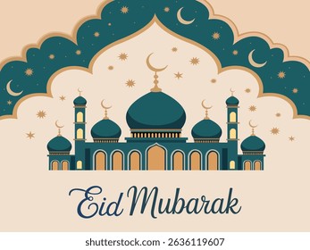 legant Islamic Eid Mubarak Illustration, Mosque and Eid Festive Crescent Moon Background Design art, Decorative Eid Mubarak Greeting Card vector.