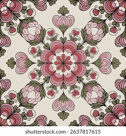 legant seamless floral vector pattern featuring a symmetrical folk-art-inspired design. Hand-drawn pink petals, red hearts, and olive green leaves create a romantic and vintage aesthetic.