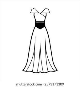 legant White Wedding Gown with Strapless Bodice, Black Waistband, and Flowing A-Line Skirt