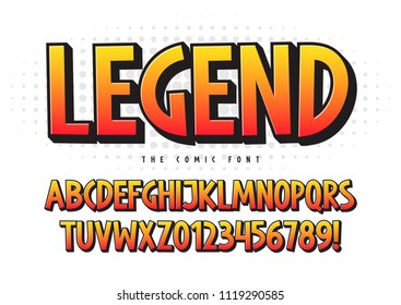 The Legend 3d comical font design, colorful alphabet, typeface. Color swatches control.